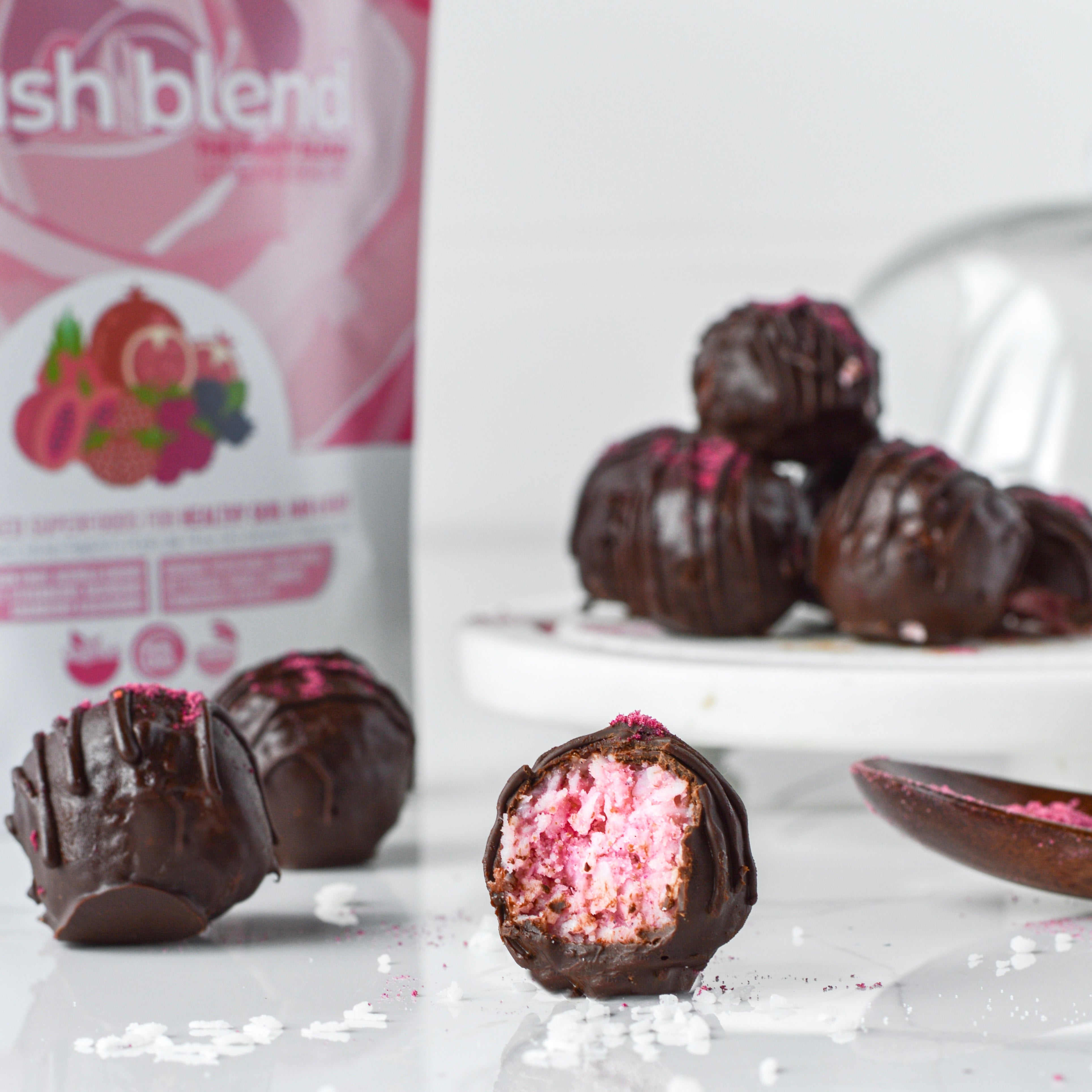 Blush Coconut Bites made using Smoov blush blend. Nutrients for health and beauty.