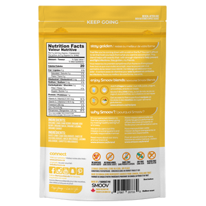 Back of golden blend pouch by Smoov Blends. Displays nutritional information, ingredients, creative description, how to use, why smoov, dietary details, storage instructions, country of origins, manufacturing information about the blend.