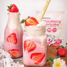 Load image into Gallery viewer, High protein strawberry milkshake made using smoov all in one strawberry shortcake plant based blend