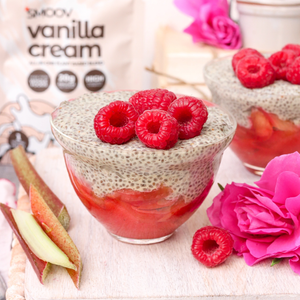 Vanilla Rhubarb Pudding made using smoov all in one vanilla protein and superfood blend