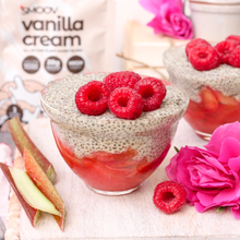 Load image into Gallery viewer, High protein rhubarb pudding made using smoov all in one vanilla cream plant based blend