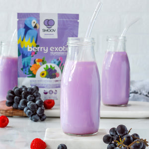 Smoothie made using frozen bananas, wine grapes and spoonful of Smoov berry exotic blend. Antioxidant rich perfect for weight loss, immunity, destress.