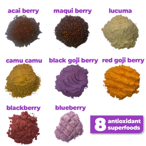 8 nutritious superfoods used to make Smoov's berry exotic blend- Acai berry, maqui berry, camu camu berry, black goji berry, red goji berry, blackberry, blueberry and lucuma. To help manage and fight stress and aging. Jam packed with antioxidants to help fight against free radicals in your body.