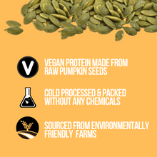 Load image into Gallery viewer, Pumpkin Seed Protein is Great for smoothing out grainy vegan protein texture! One Ingredient: Pumpkin Seeds, nothing else. No Sweeteners, No Flavours, No Additives. Micro-ground for a Smooth &amp; creamy texture - mixes great! Nutrient-dense: 65% Protein &amp; Omegas Increase &amp; Protein intake to boost metabolism, promote fat burning, and overall health