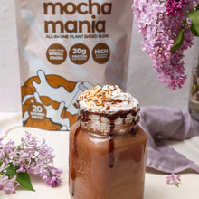 Load image into Gallery viewer, High protein mocha milkshake made using smoov all in one mocha mania plant based blend