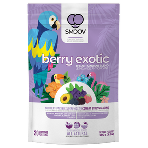 20 servings of Smoov's berry exotic blend- Acai berry, maqui berry, camu camu berry, black goji berry, red goji berry, blackberry, blueberry and lucuma. To help manage and fight stress and aging. Jam packed with antioxidants to help fight against free radicals in your body.
