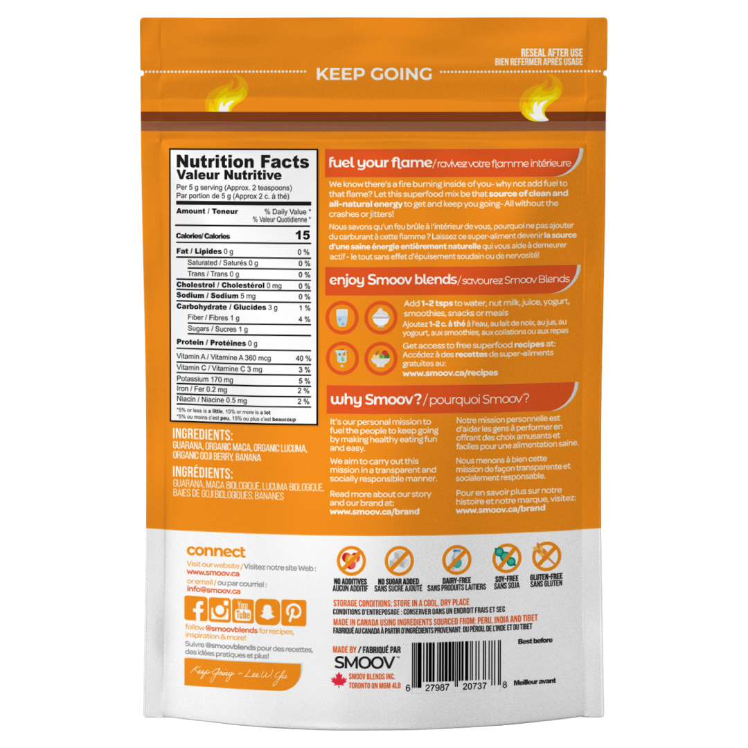 Back of fuel blend pouch by Smoov Blends. Contains nutritional information, ingredients, creative description, how to use, country of origin, storage and dietary details and manufacturing information.