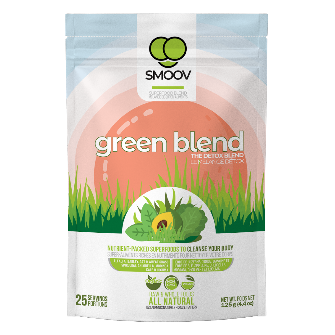 25 servings of Smoov's green blend- alfalfa grass, barley grass, oat grass, wheat grass, spirulina, chlorella, kale, moringa and lucuma. All to help you detox and get more nutrients.
