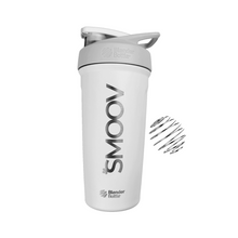 Load image into Gallery viewer, This SMOOV etched custom made Stainless Steel push-button insulated protein shaker provides sleek style and ultimate ease. The bottle’s spill-proof locking lid opens and closes with the touch of a button. A flexible, ergonomic carry loop provides a comfortable hold. Double-wall insulated stainless steel keeps drinks cold for up to 24 hours.