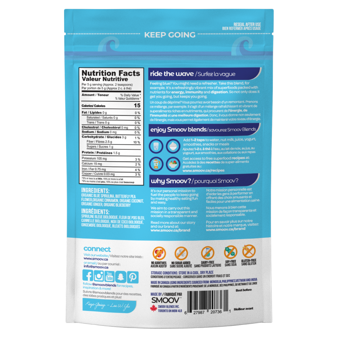 Back of wave blend pouch- Smoov Blends. Contains nutritional information, ingredients, creative description, how to use, why smoov, dietary and storage details, country of origins and UPC GTIN code of blend.