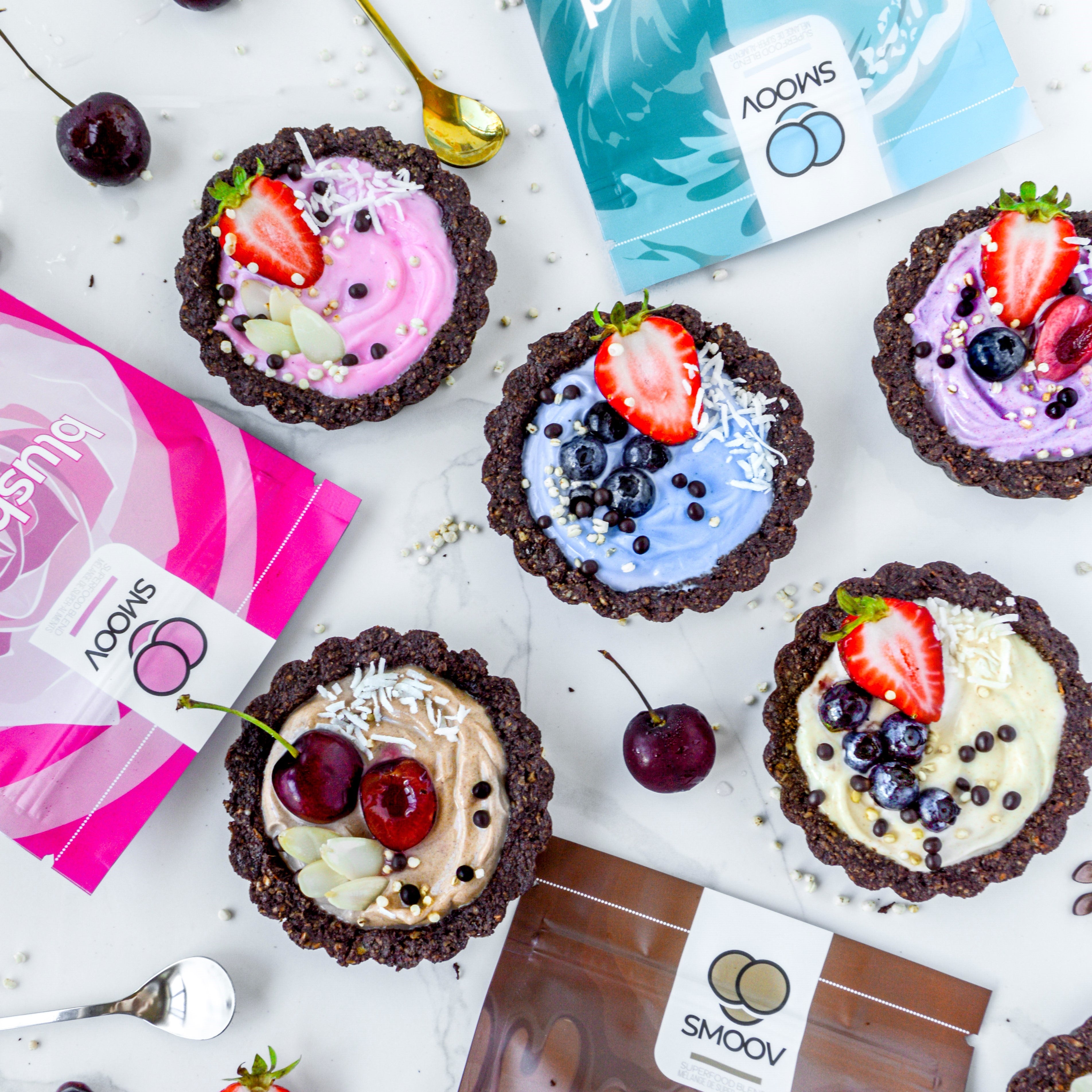 Energizing yogurt tarts made using SMOOV euphoric blend. Raw cacao, carob, maca, lucuma for a mood boost and destress to satisfy cravings in a healthy way.