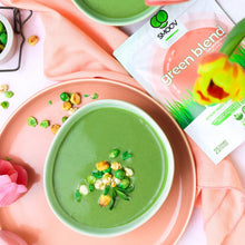 Load image into Gallery viewer, Spring green pea soup made using smoov superfood blends and powders. Packed with antioxidants for health &amp; wellness. Keto Friendly